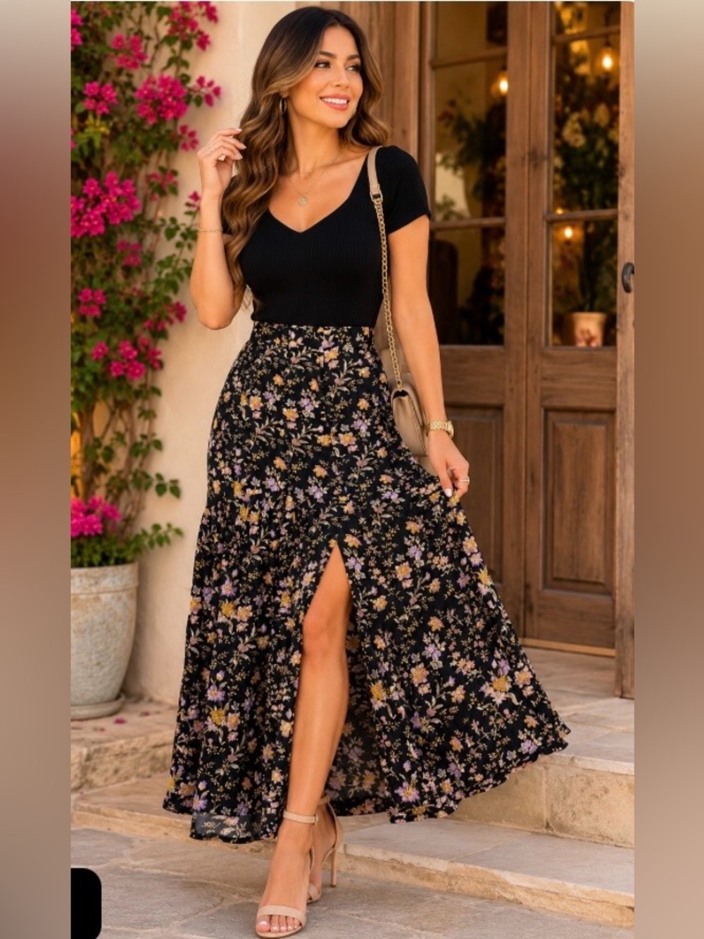 American Eagle Outfitters Black Maxi Skirt with Pink & Yellow Floral